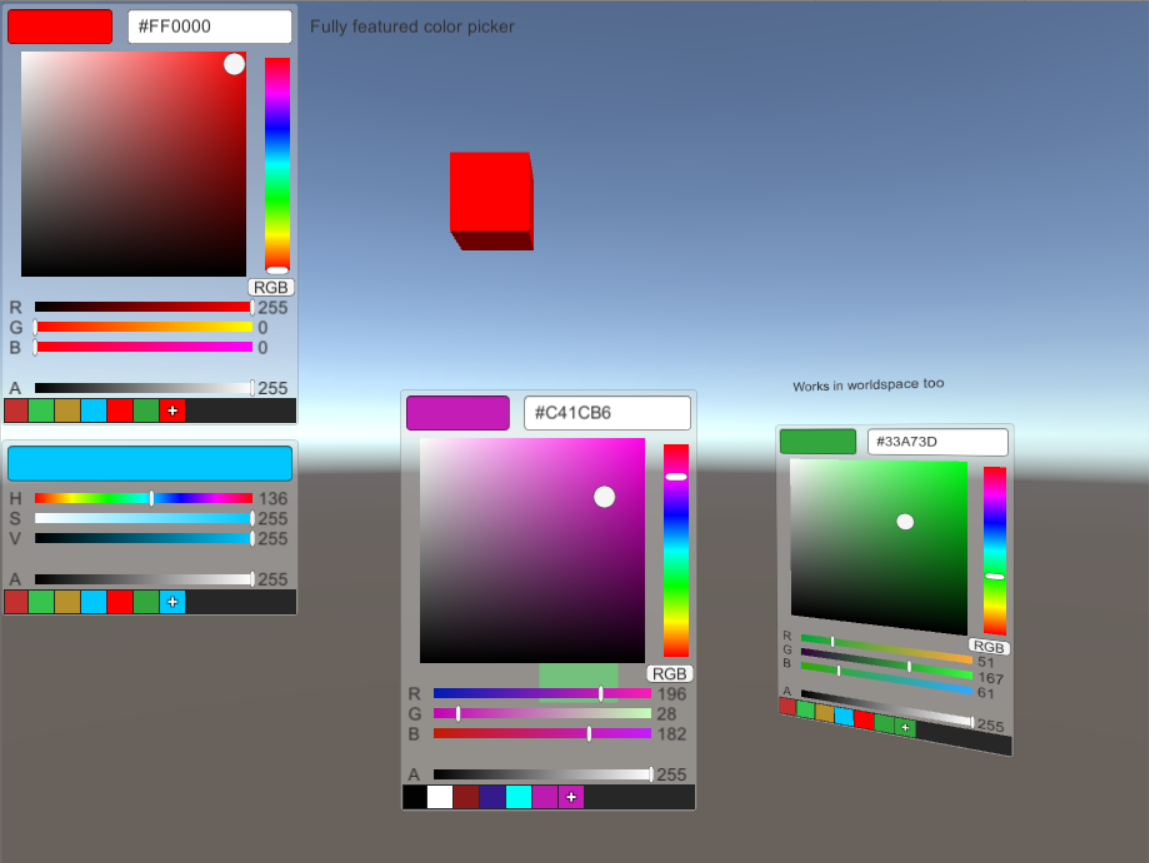 Color pickers showing off the different features they support.