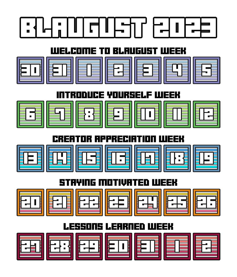 Blaugust Festival of Blogging 2023 calendar.